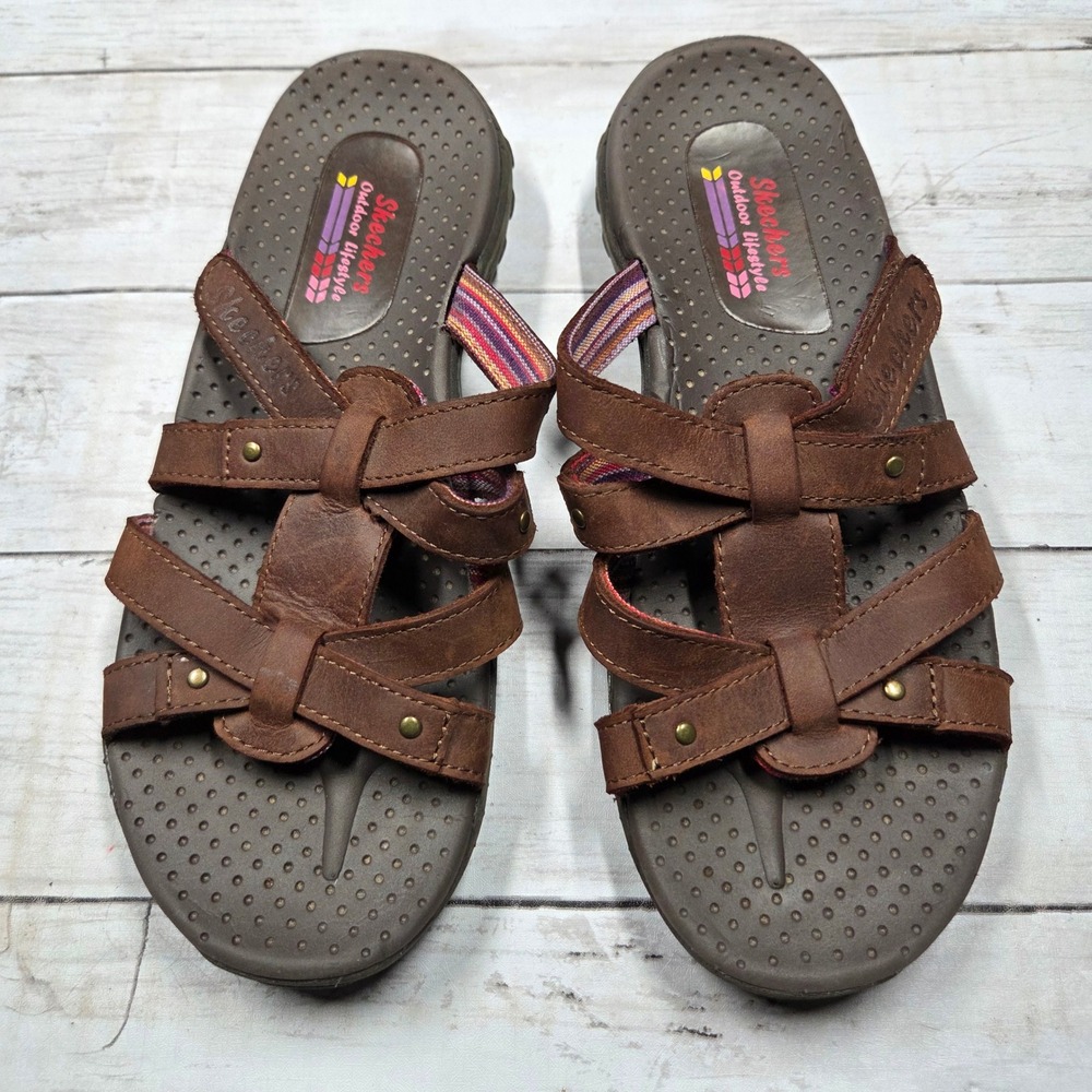 Skechers Outdoor Lifestyle Strappy Slide Sandals Women 7 Brown Leather Rivets‎